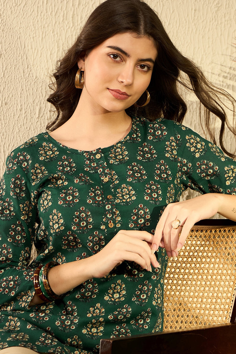 Green Cotton Blend Ethnic Motifs Printed Regular Tunic VT1295