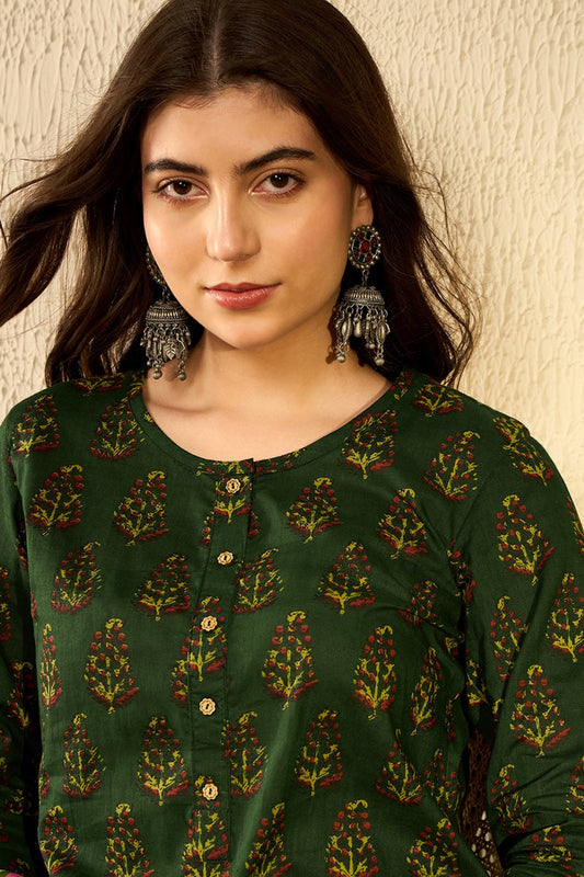 Green Cotton Blend Ethnic Motifs Printed Regular Tunic VT1297