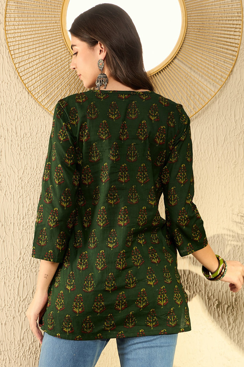 Green Cotton Blend Ethnic Motifs Printed Regular Tunic VT1297