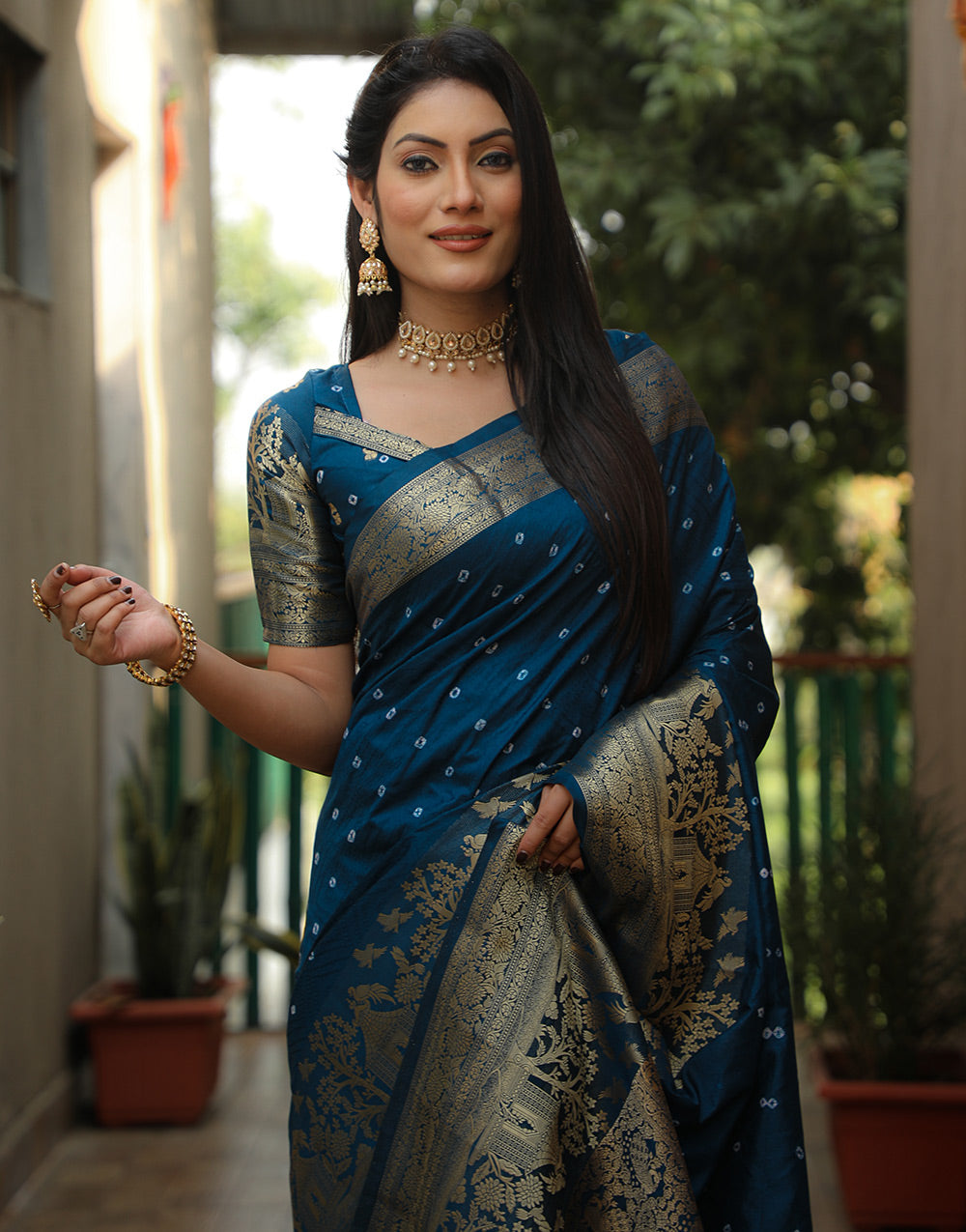 Crystal Teal Dola Silk Saree With Zari Weaving Work