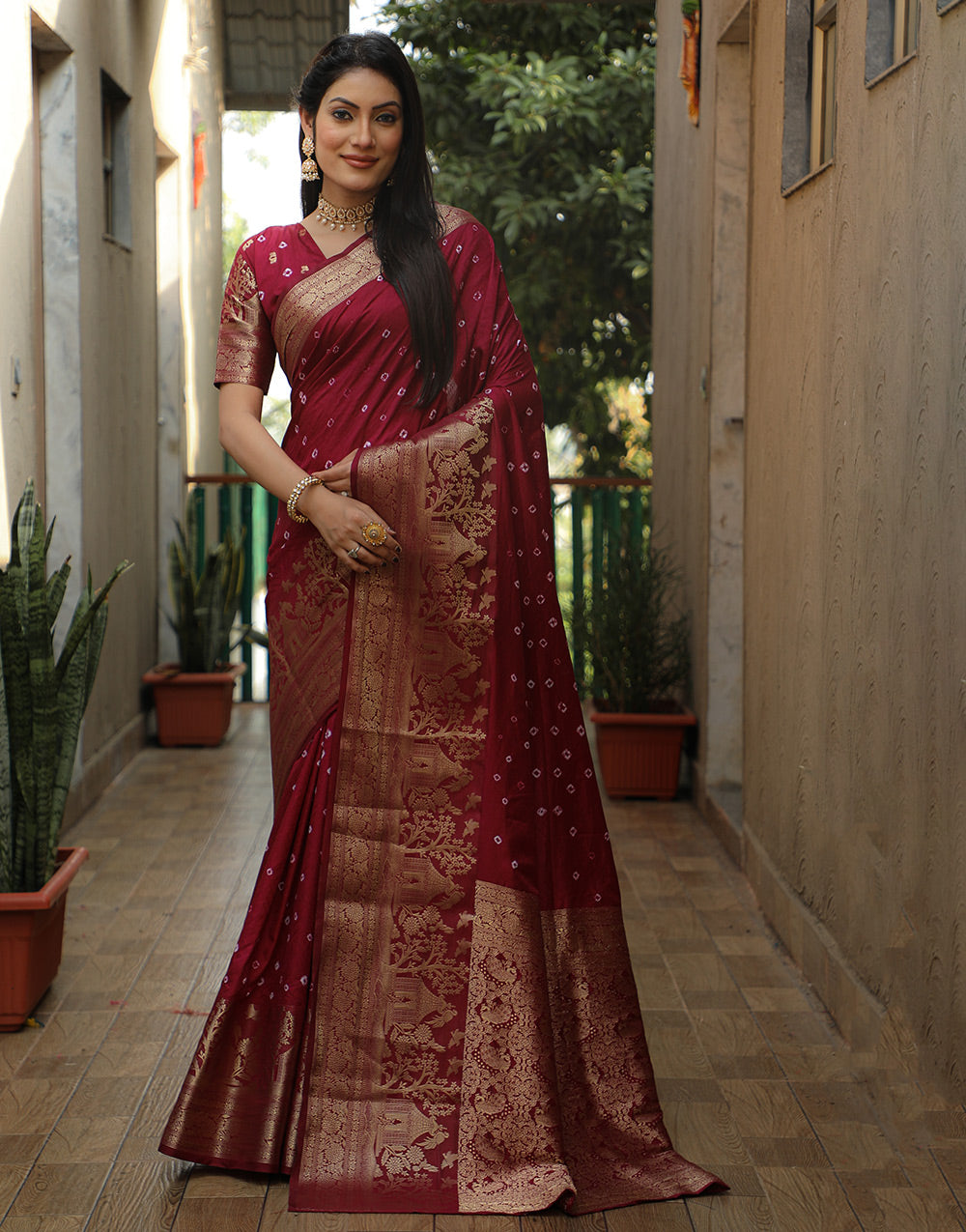 Burnt Maroon Dola Silk Bandhani Saree With Weaving Work