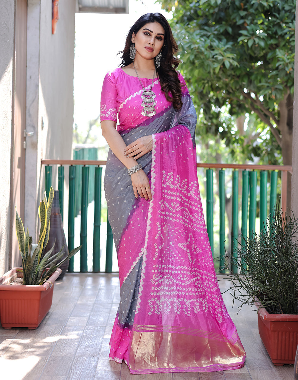 Fuschia Pink & Grey Hand Bandhej Bandhani Saree With Zari Weaving Work