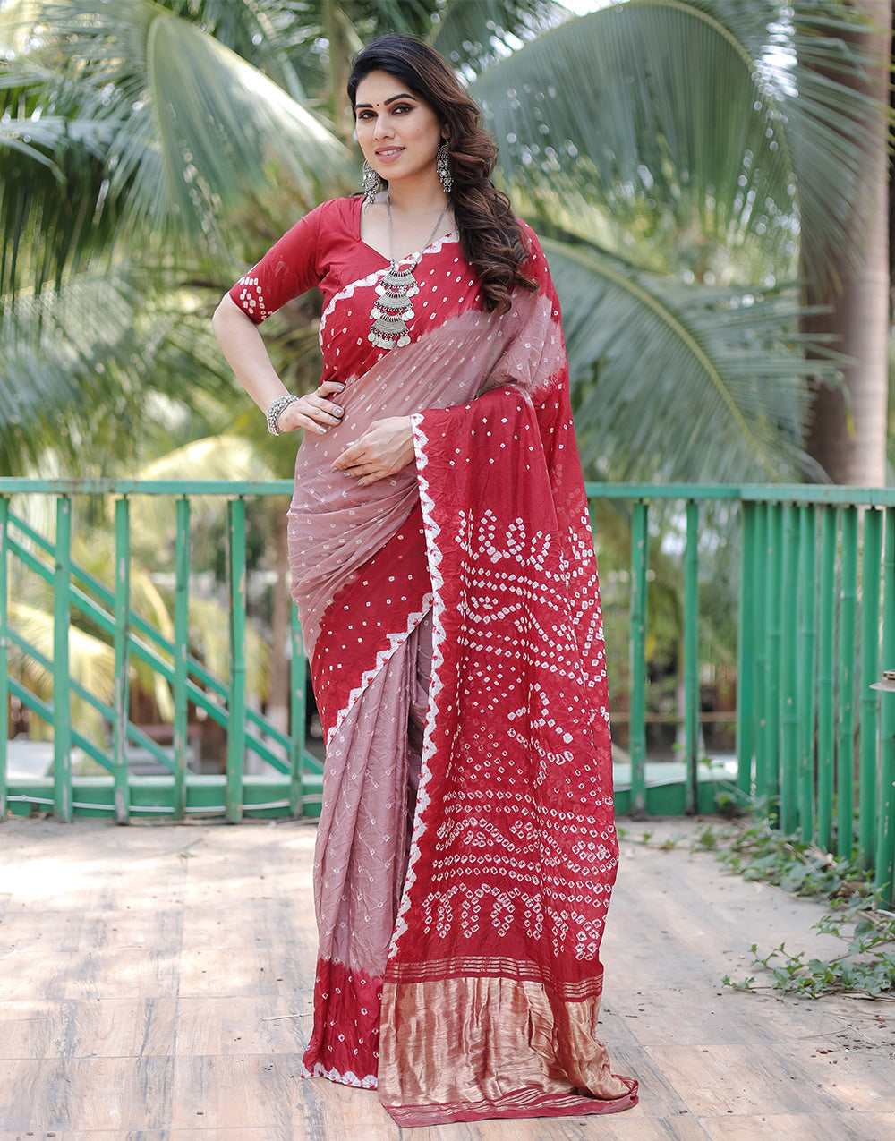 Dark Red & Flamingo Pink Hand Bandhej Bandhani Saree with Zari Weaving Work