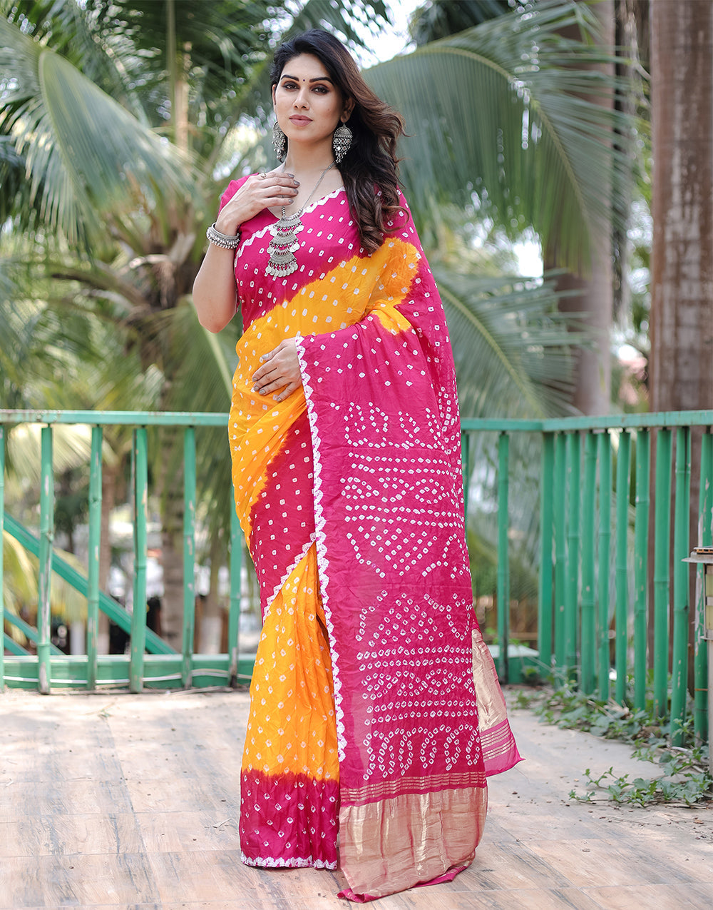 Barbie Pink & Yellow Hand Bandhej Bandhani Saree with Zari Weaving  Work