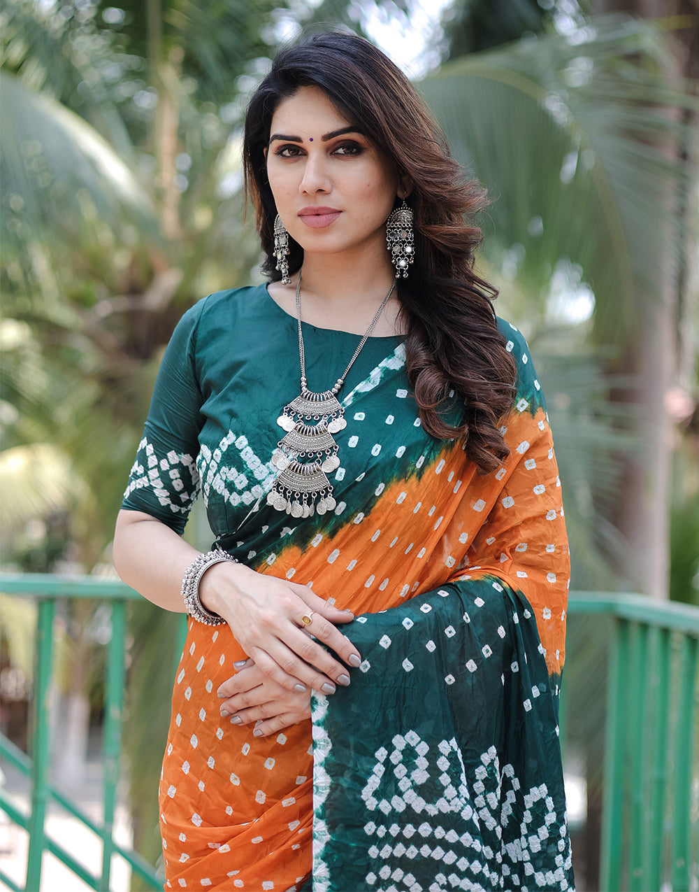 Green & Orange Hand Bandhej Bandhani Saree with Zari  weaving  Work