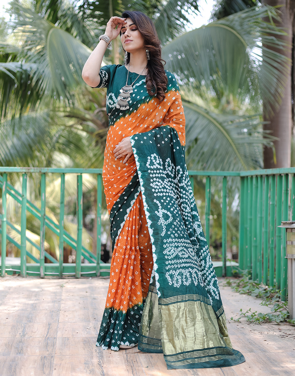 Green & Orange Hand Bandhej Bandhani Saree with Zari  weaving  Work