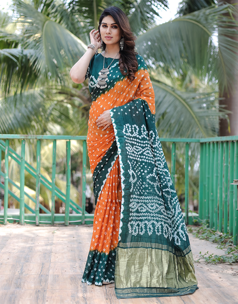 Green & Orange Hand Bandhej Bandhani Saree with Zari  weaving  Work