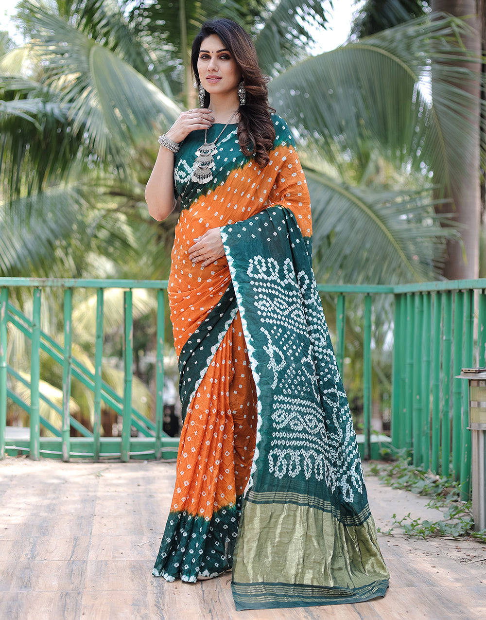 Green & Orange Hand Bandhej Bandhani Saree with Zari  weaving  Work