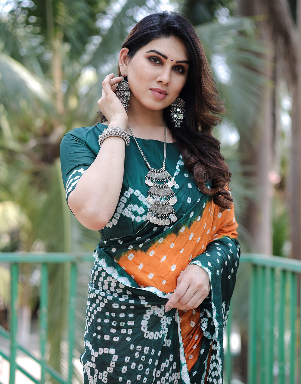 Green & Orange Hand Bandhej Bandhani Saree with Zari  weaving  Work