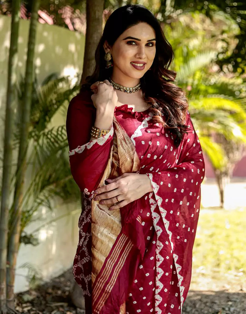 Maroon Bandhej Silk Saree With Zari Weaving