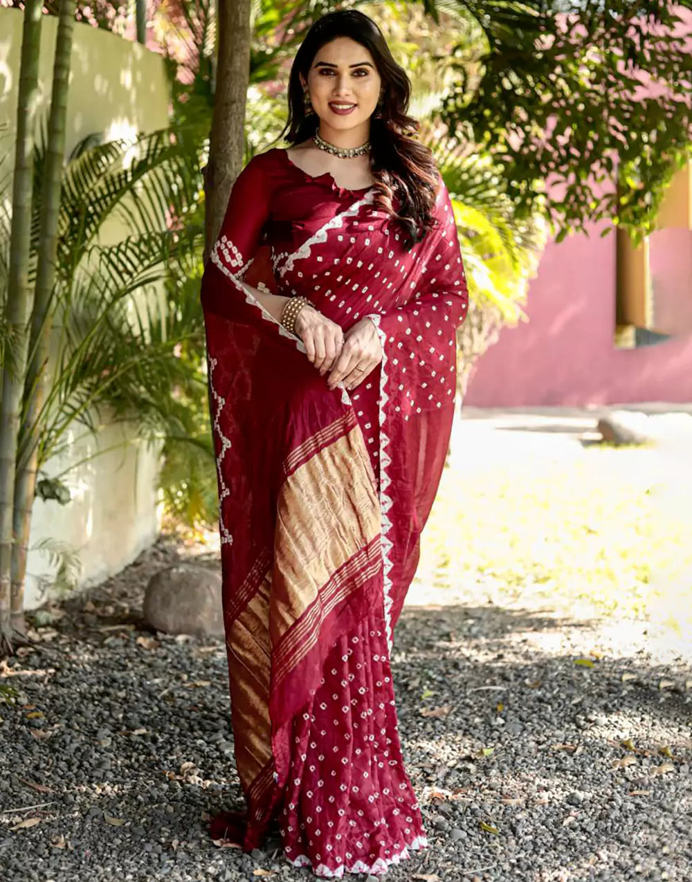 Maroon Bandhej Silk Saree With Zari Weaving