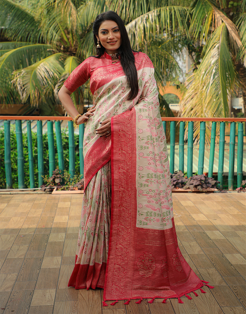 Beige & Red Kanjivaram Silk Saree With Weaving Work