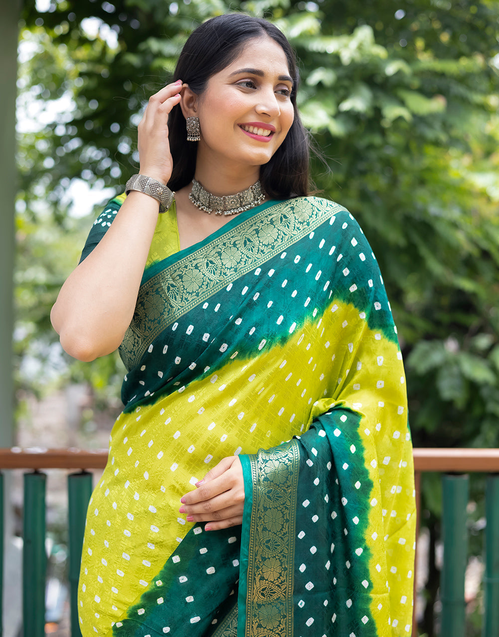 Lemon Yellow & Green Hand Bandhej Bandhani Saree With Weaving Work