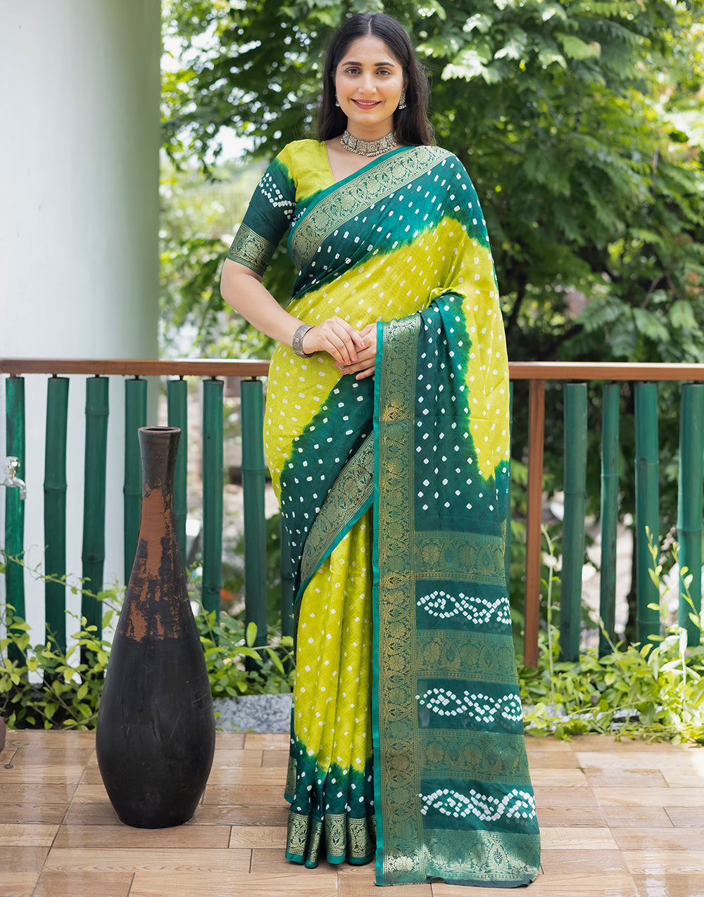 Lemon Yellow & Green Hand Bandhej Bandhani Saree With Weaving Work