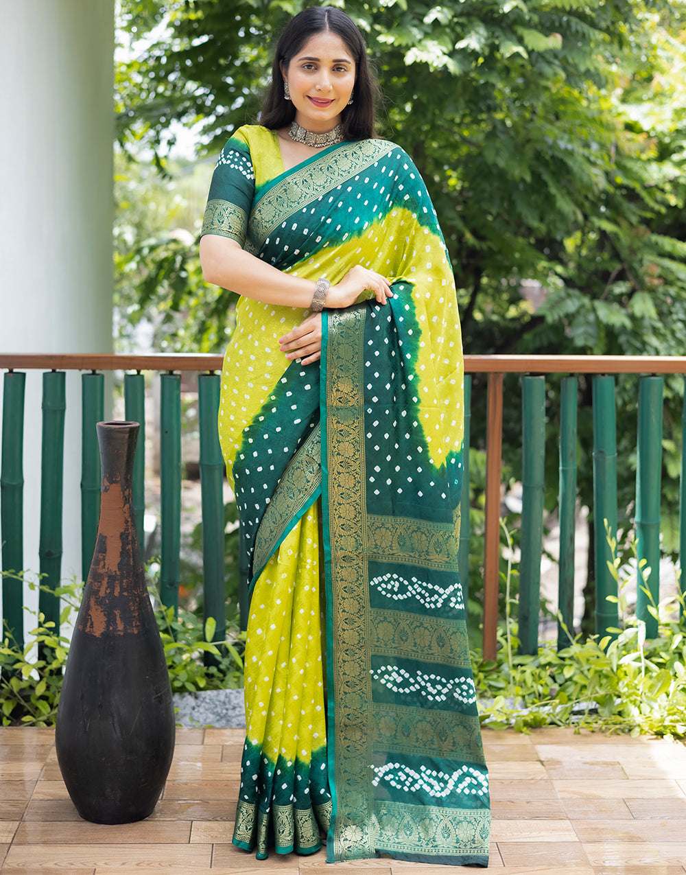 Lemon Yellow & Green Hand Bandhej Bandhani Saree With Weaving Work