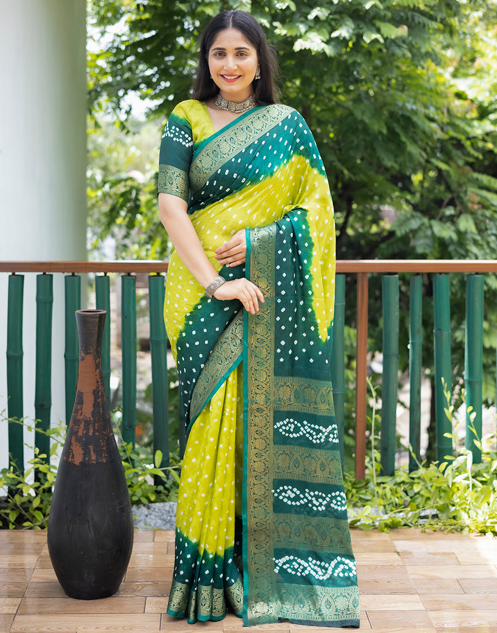 Lemon Yellow & Green Hand Bandhej Bandhani Saree With Weaving Work