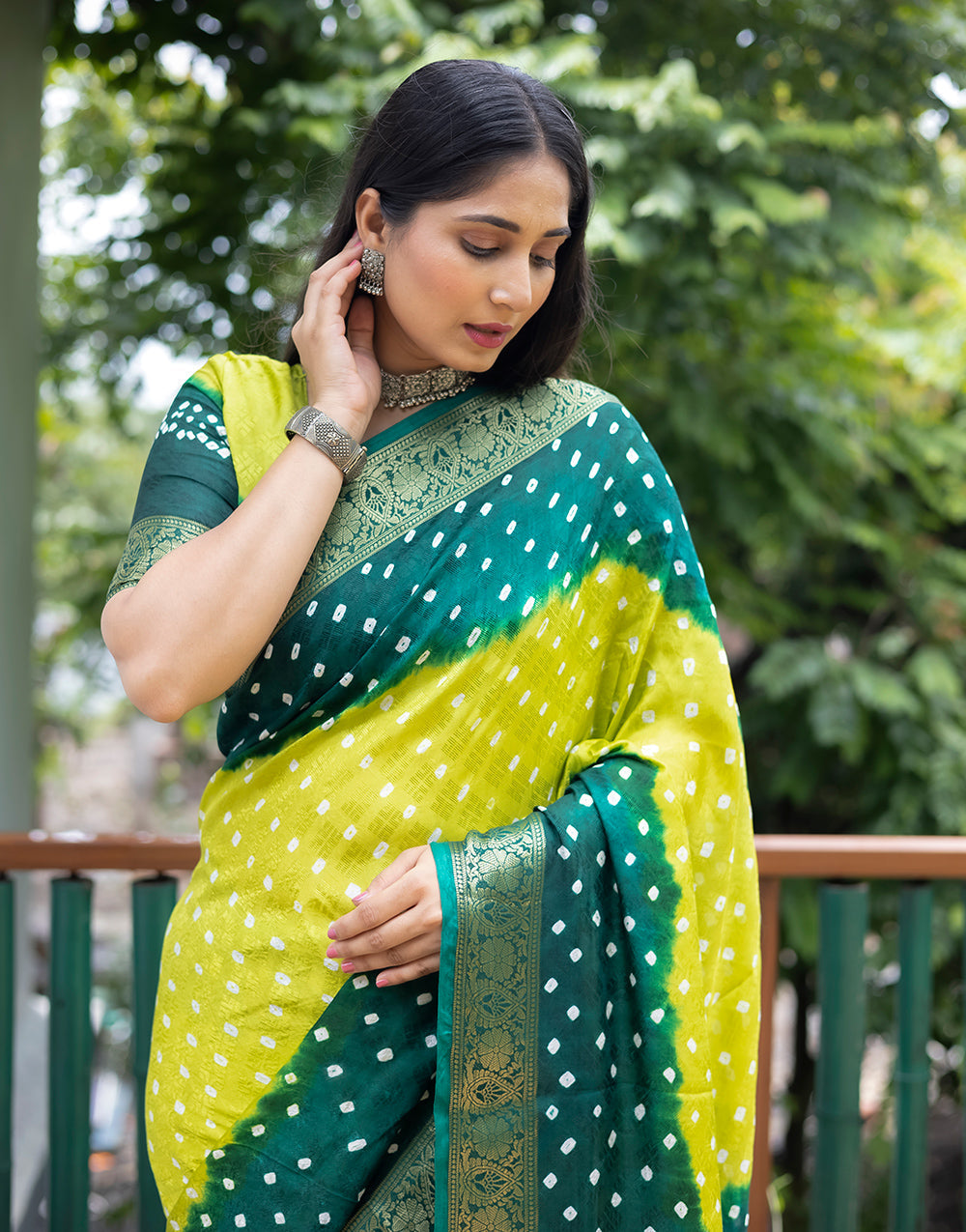 Lemon Yellow & Green Hand Bandhej Bandhani Saree With Weaving Work