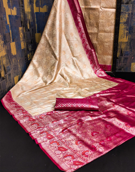 Beige & Rani Pink Kanjivaram Silk Saree With Zari Weaving Work