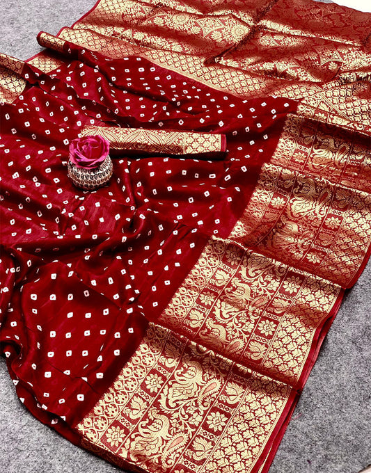 Maroon Kanjivaram Silk Bandhani Saree With Zari Weaving Work