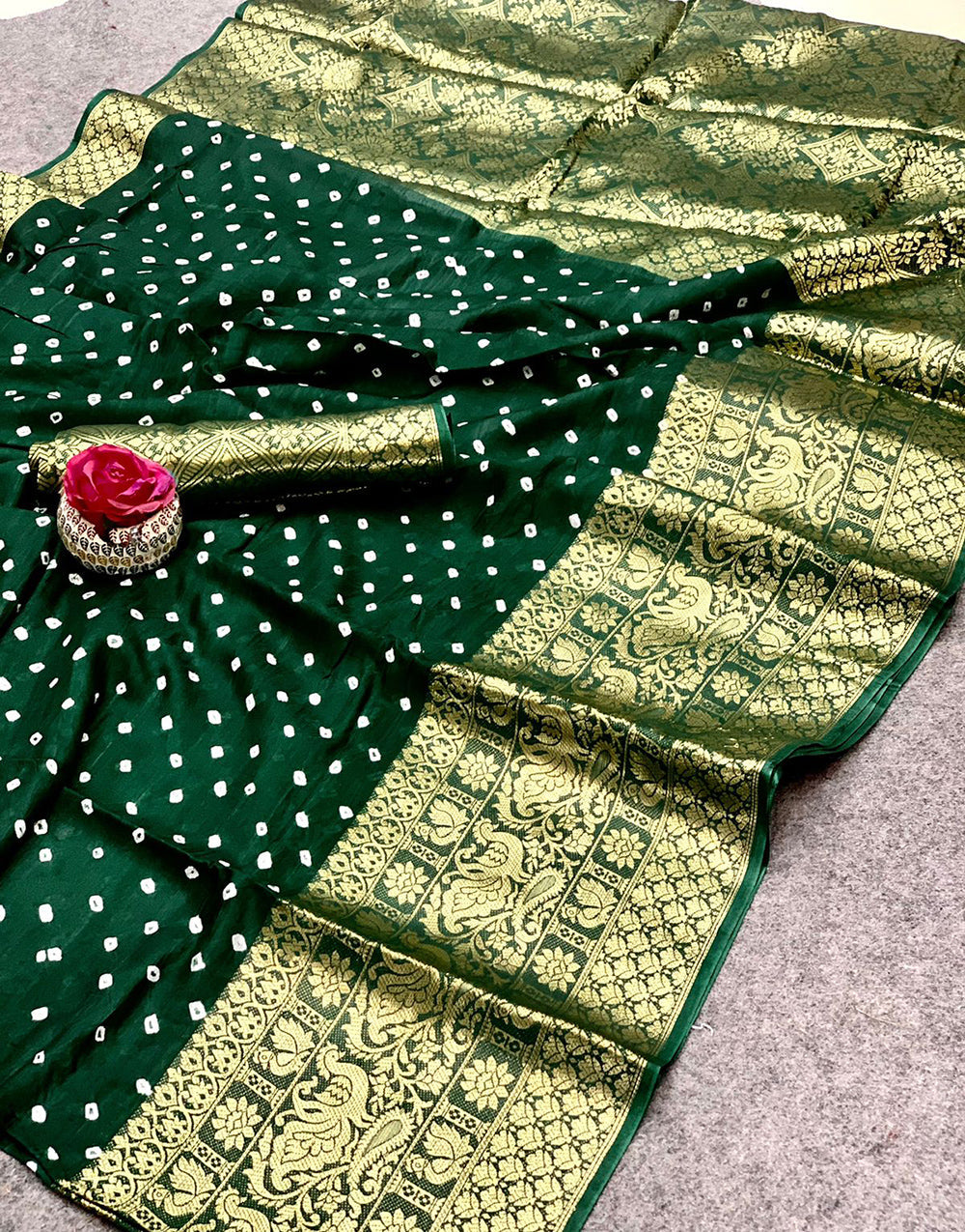 Dark Green Bandhani Saree With Zari Weaving Work