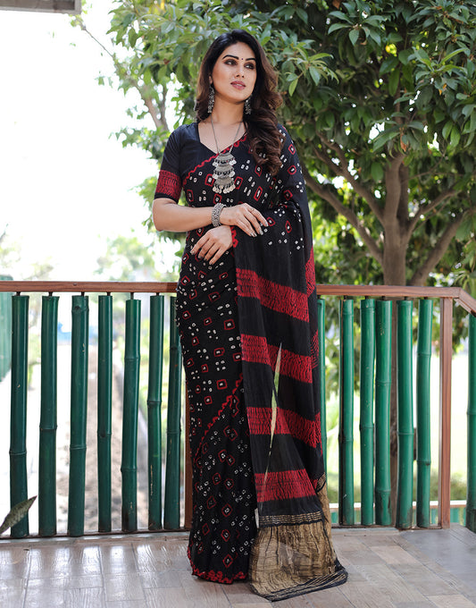 Black Hand Bandhej Bandhani Saree With Zari Weaving Work