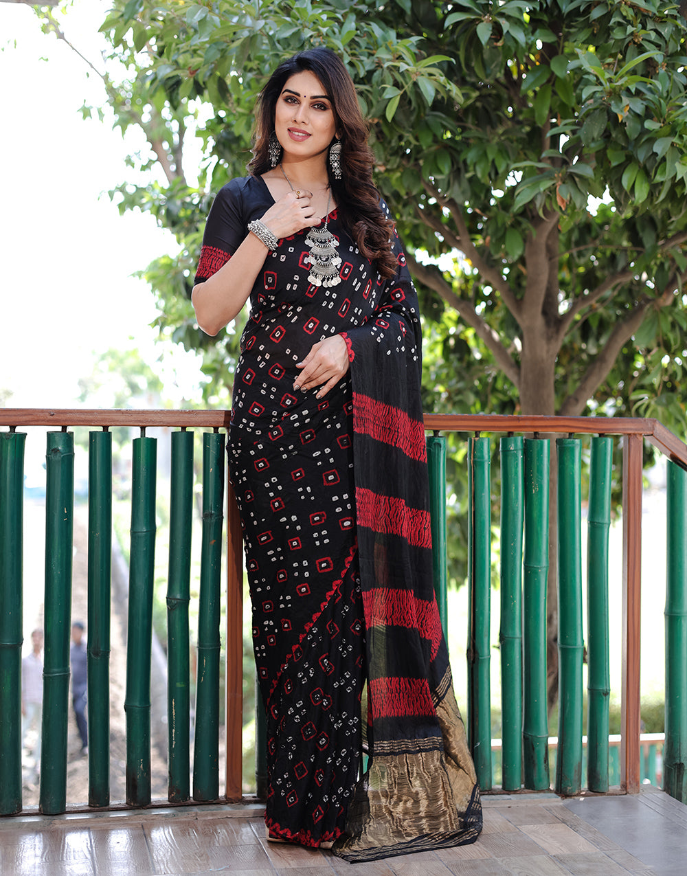 Black Hand Bandhej Bandhani Saree With Zari Weaving Work