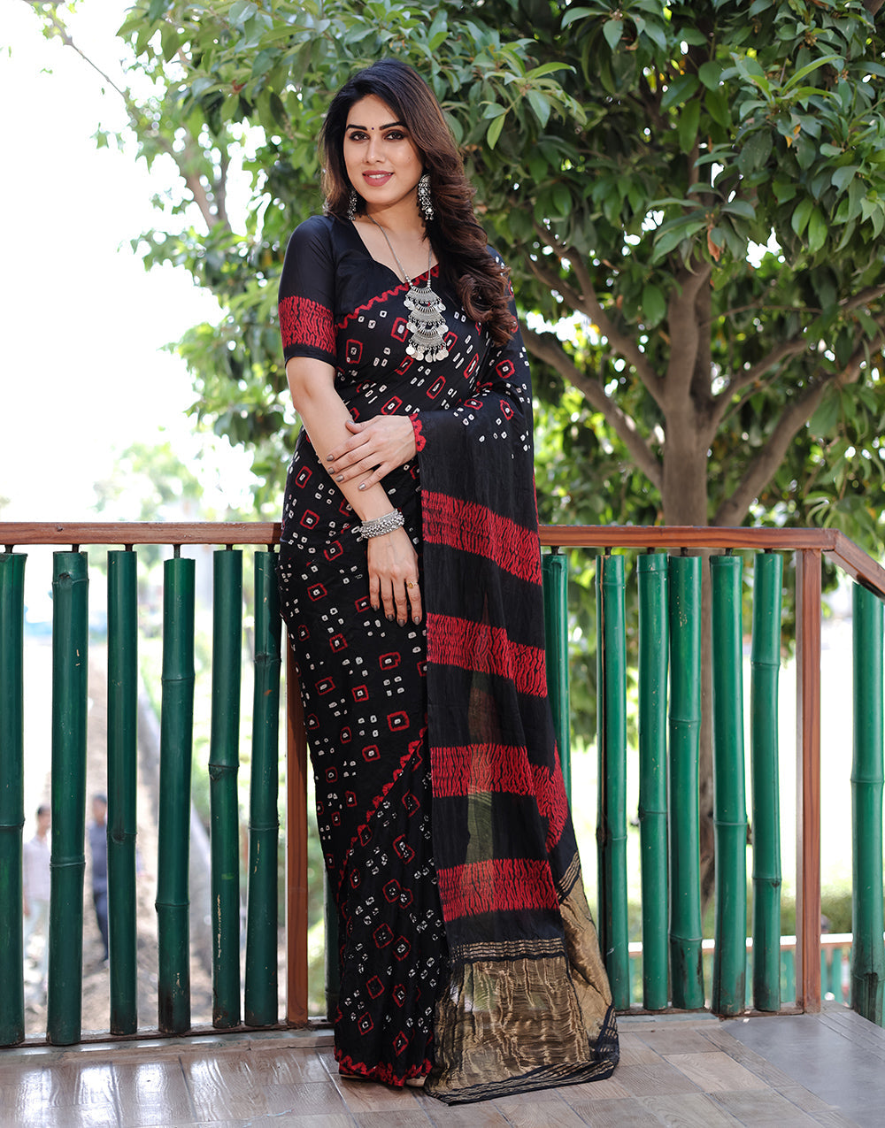 Black Hand Bandhej Bandhani Saree With Zari Weaving Work