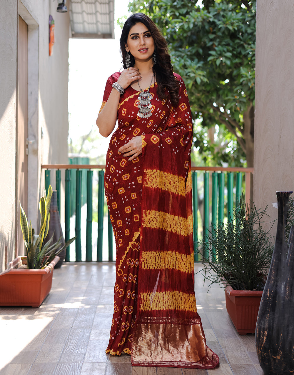 Maroon Hand Bandhej Bandhani Saree With Zari Weaving Work