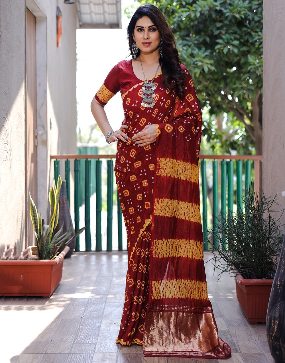 Maroon Hand Bandhej Bandhani Saree With Zari Weaving Work