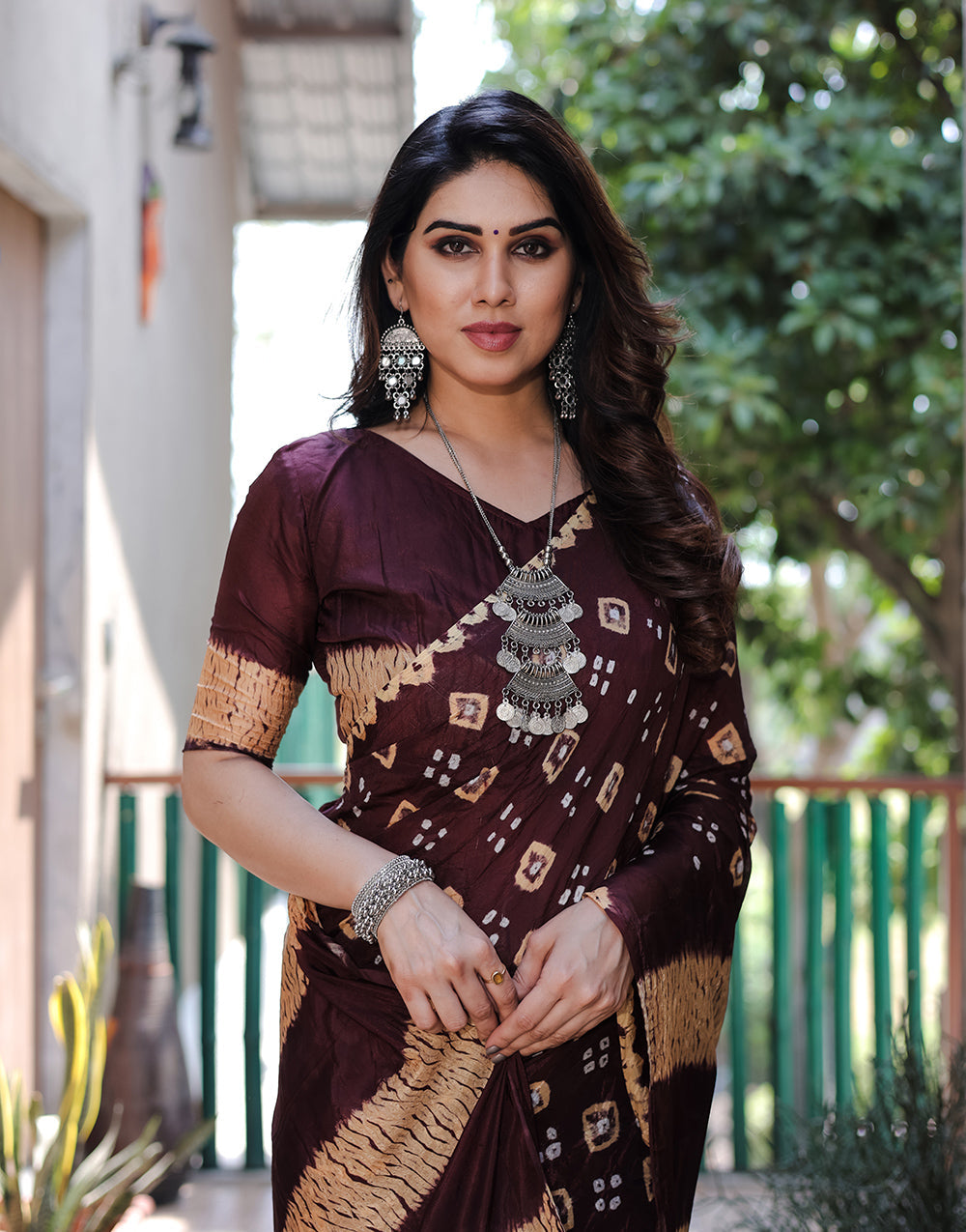 Dark Brown Hand Bandhej Bandhani Saree With Zari Weaving Work