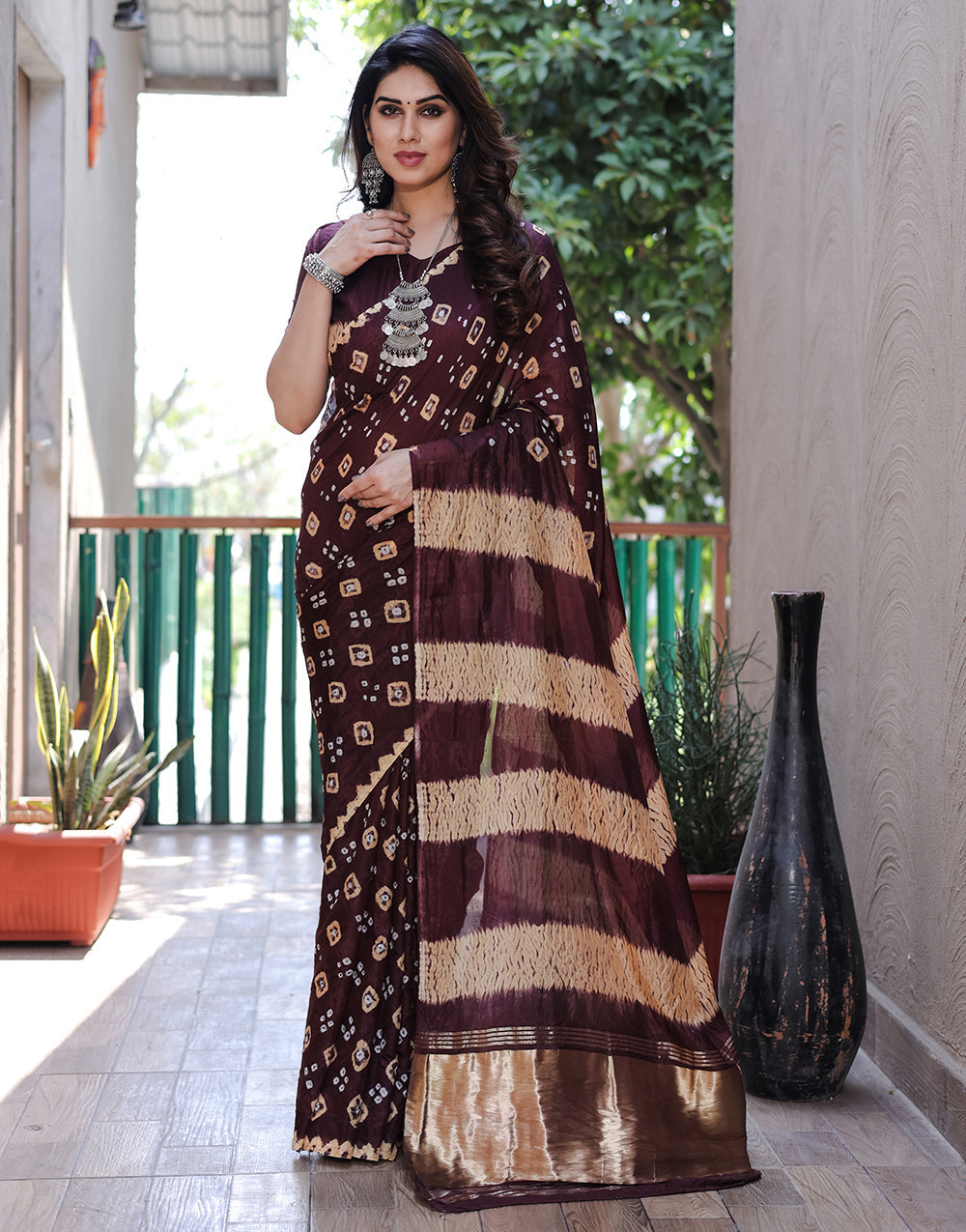 Dark Brown Hand Bandhej Bandhani Saree With Zari Weaving Work