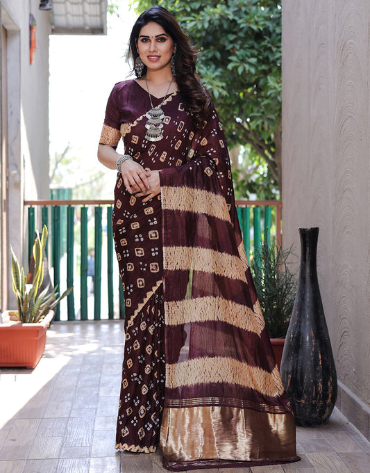 Dark Brown Hand Bandhej Bandhani Saree With Zari Weaving Work