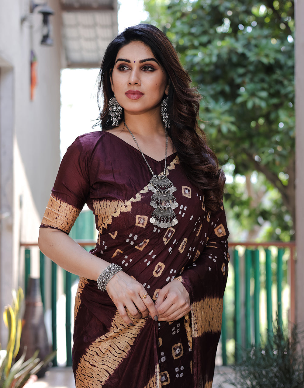 Dark Brown Hand Bandhej Bandhani Saree With Zari Weaving Work