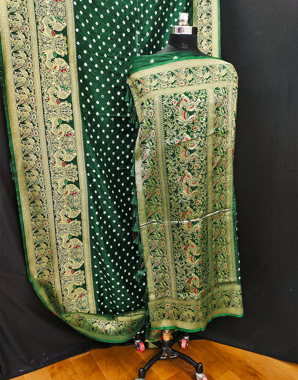 Dark Green Bandhej Kanjivaram Silk Saree With Zari Weaving Work