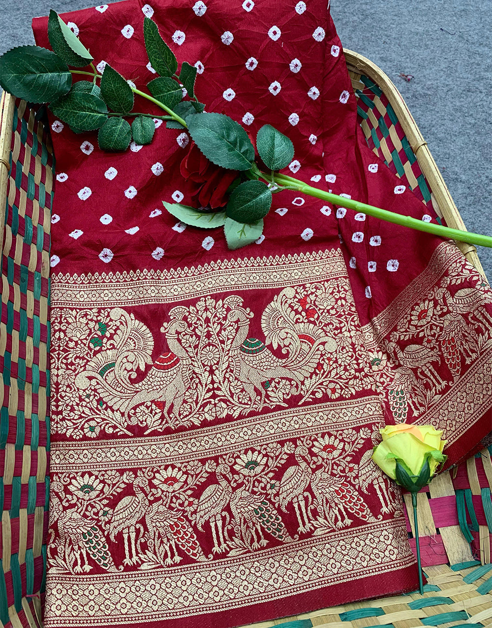 Maroon Bandhej Silk Saree With Zari Weaving Work