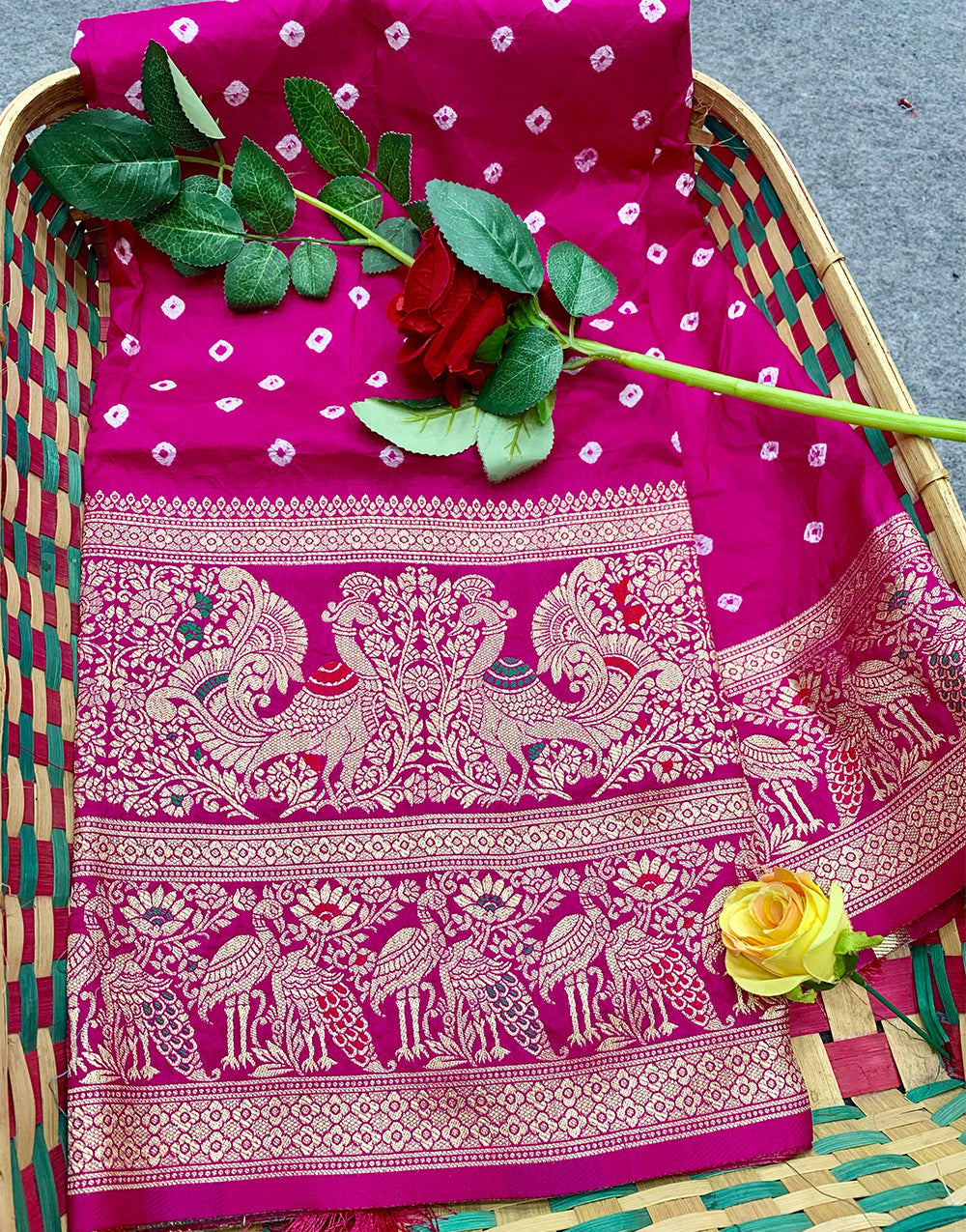 Bright Pink Bandhani Saree With Zari Weaving Work