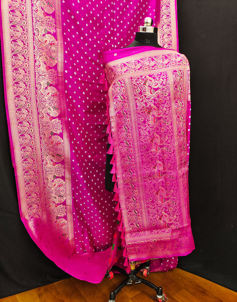 Bright Pink Bandhani Saree With Zari Weaving Work