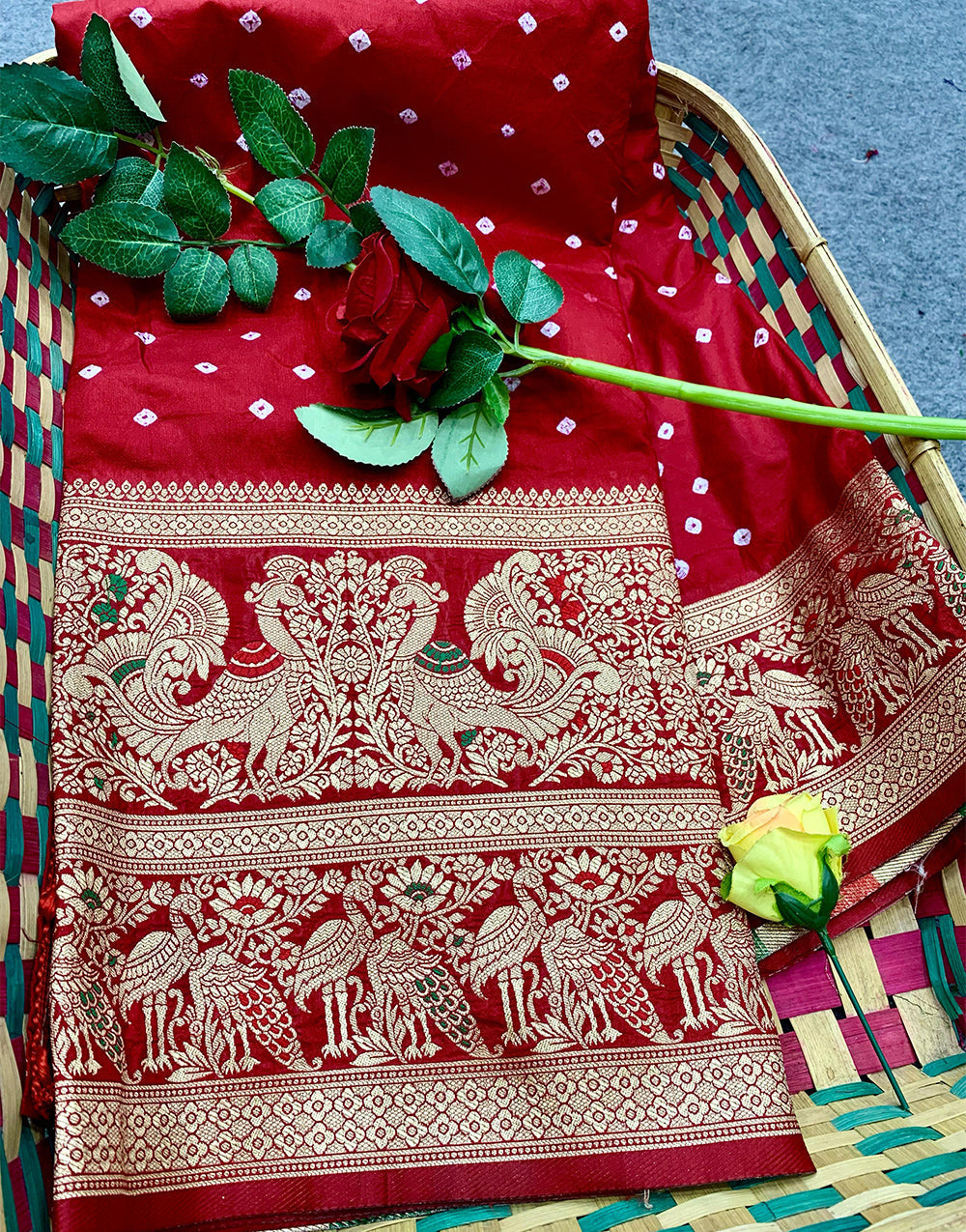 Cherry Red Bandhani Saree With Zari Weaving Work