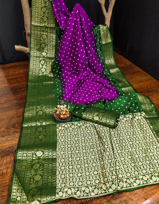 Dark Violet Bandhej Silk Saree With Zari Weaving Work