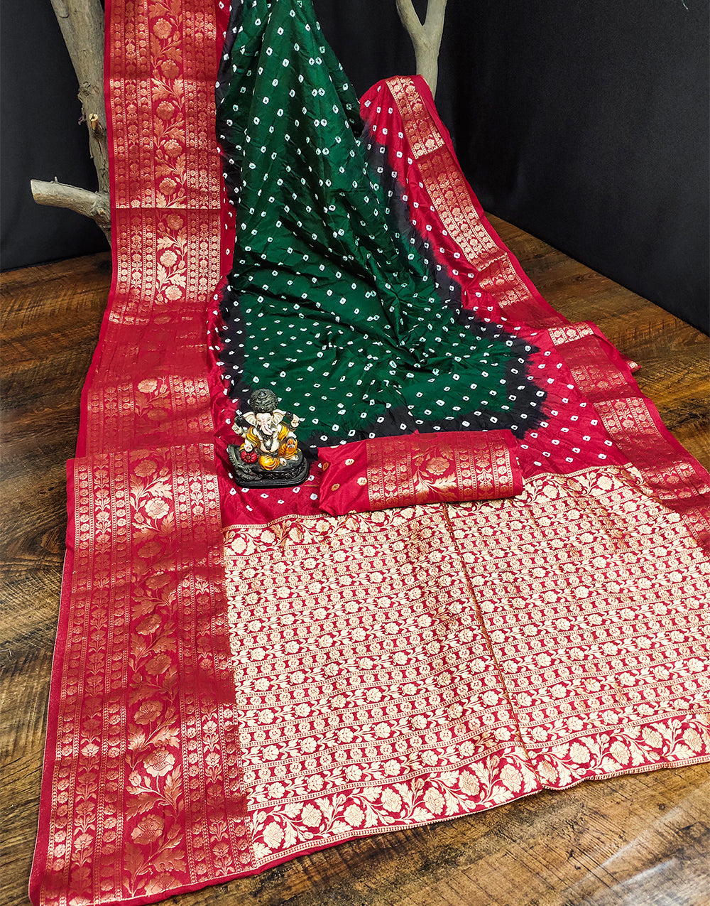 Dark Green Bandhani Saree With Zari Weaving Work