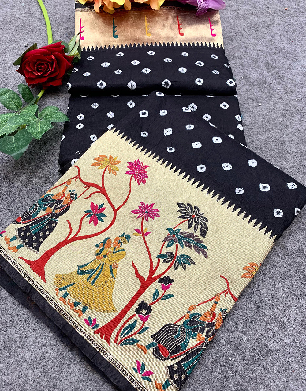 Black Hand Bandhej Bandhani Saree With Paithani Border & Weaving Work