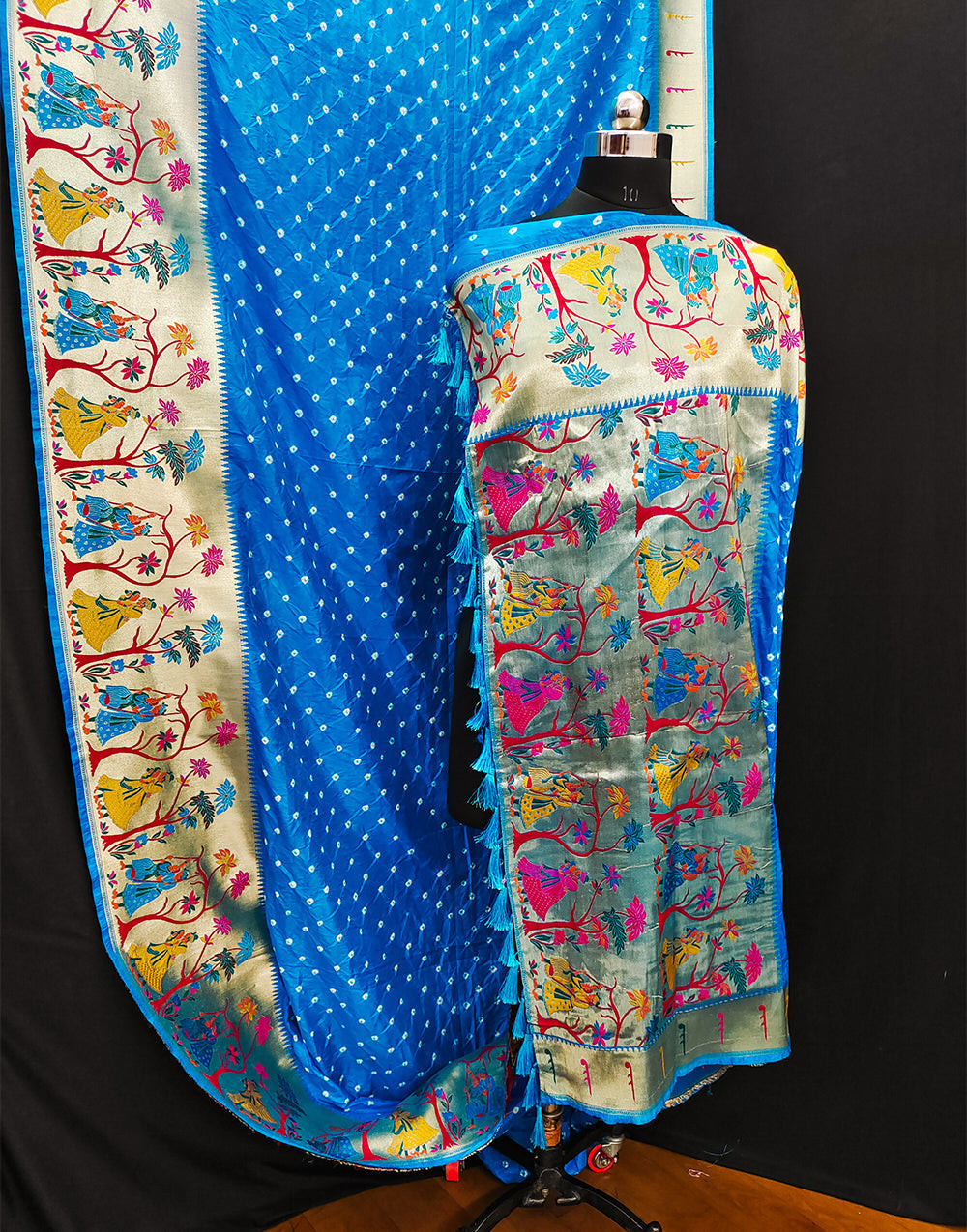 Azure Blue Hand Bandhej Bandhani Saree With Paithani Border & Weaving Work