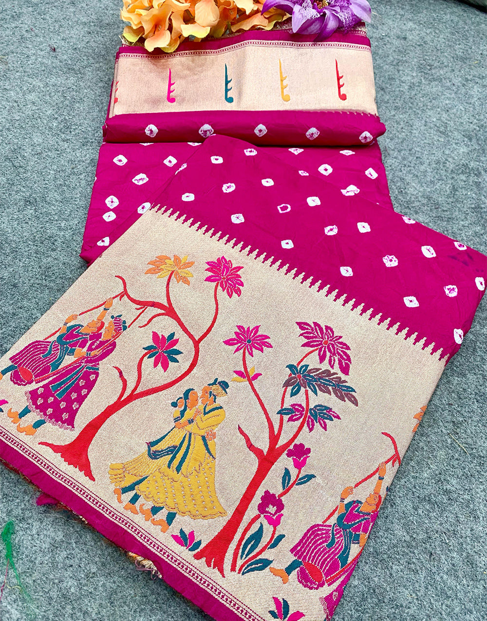 Bright Pink Hand Bandhej Bandhani Saree With Paithani Border & Weaving Work