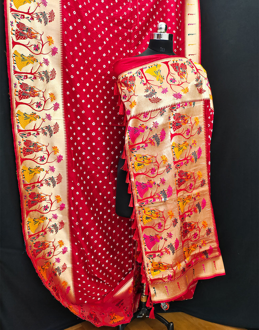 Crimson Red Bandhej Bandhani Saree With Paithani Border & Weaving Work