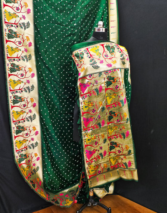 Deep Green Bandhej Bandhani Saree With Paithani Border & Weaving Work