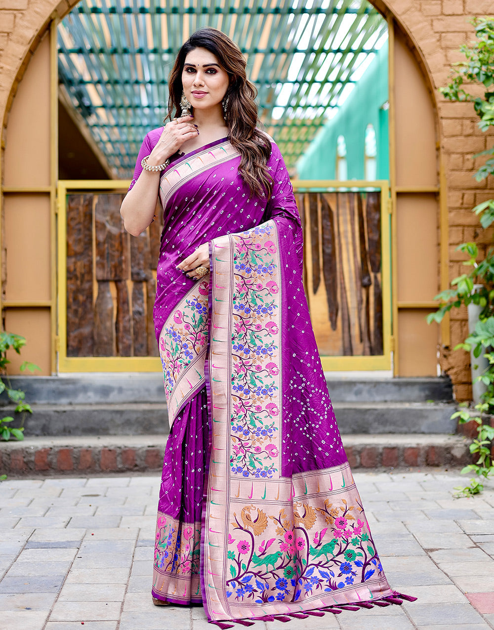 Dark Violet Paithani Silk Bandhani Saree With Zari Weaving Work