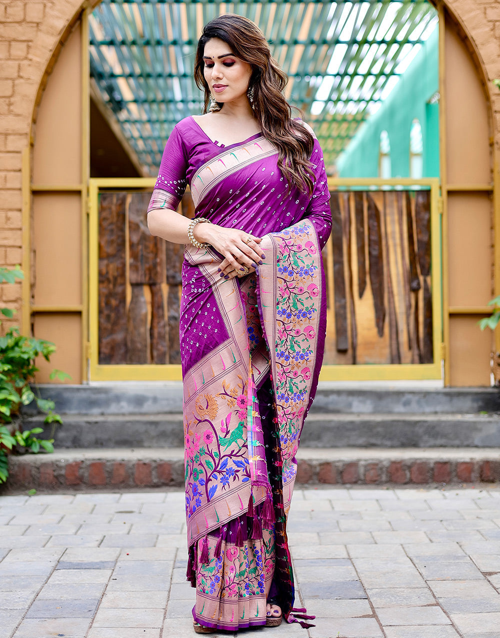 Dark Violet Paithani Silk Bandhani Saree With Zari Weaving Work