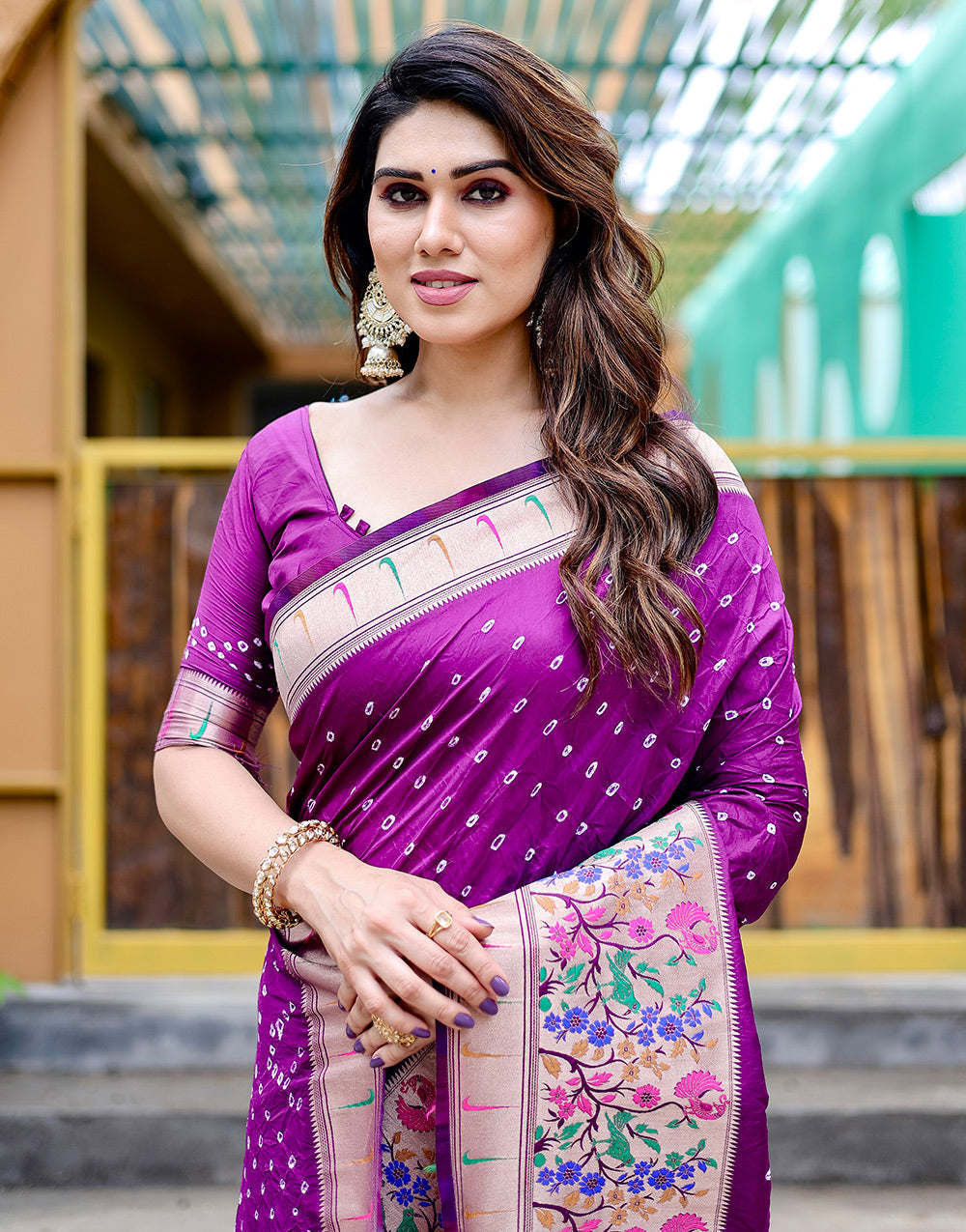 Dark Violet Paithani Silk Bandhani Saree With Zari Weaving Work