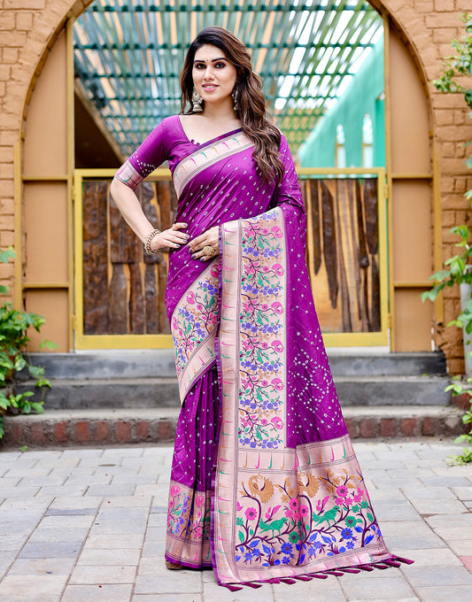 Dark Violet Paithani Silk Bandhani Saree With Zari Weaving Work