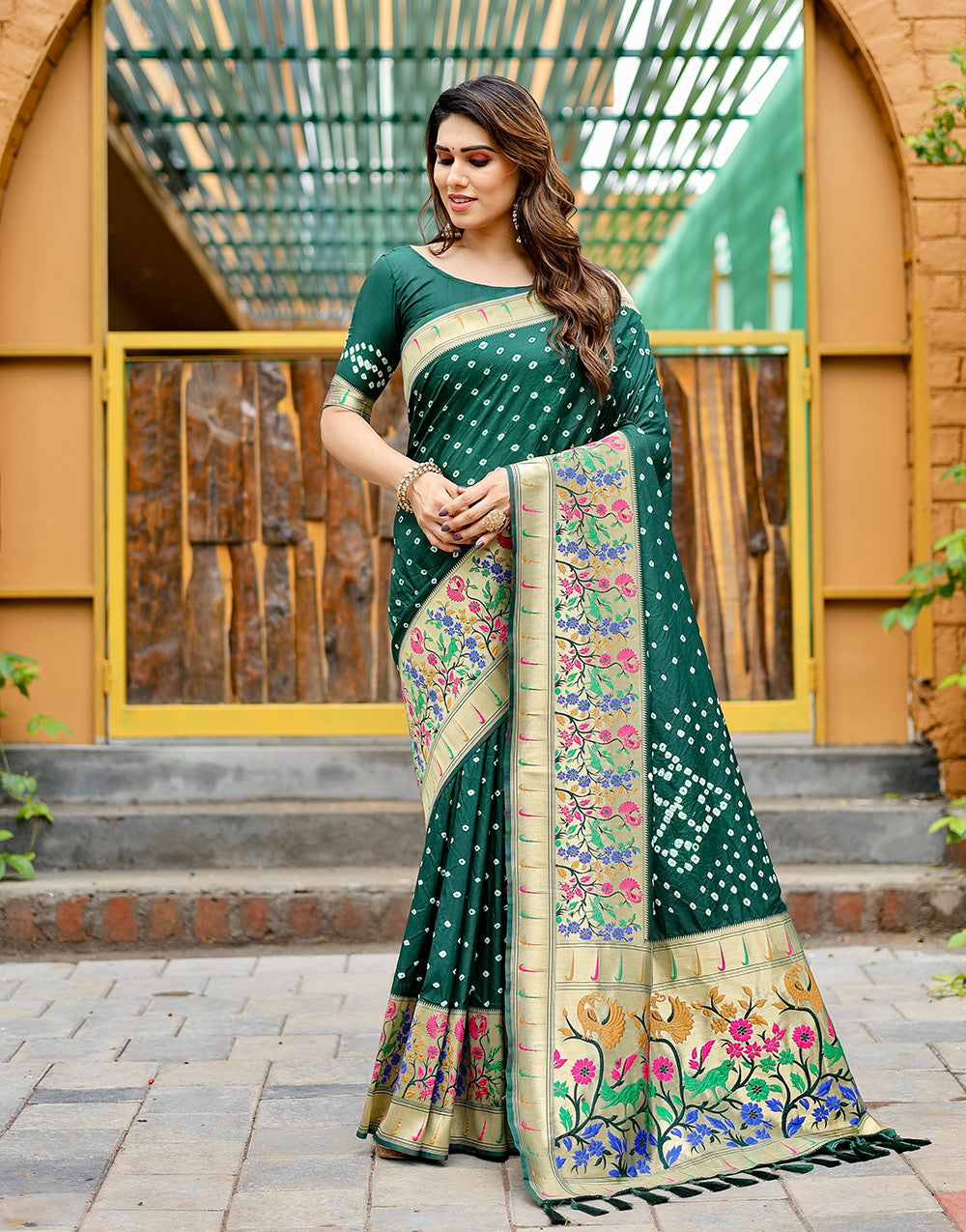 Dark Green Paithani Silk Bandhani Saree With Zari Weaving Work